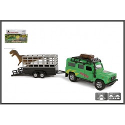Land Rover z przyczepą do transportu dinozaura